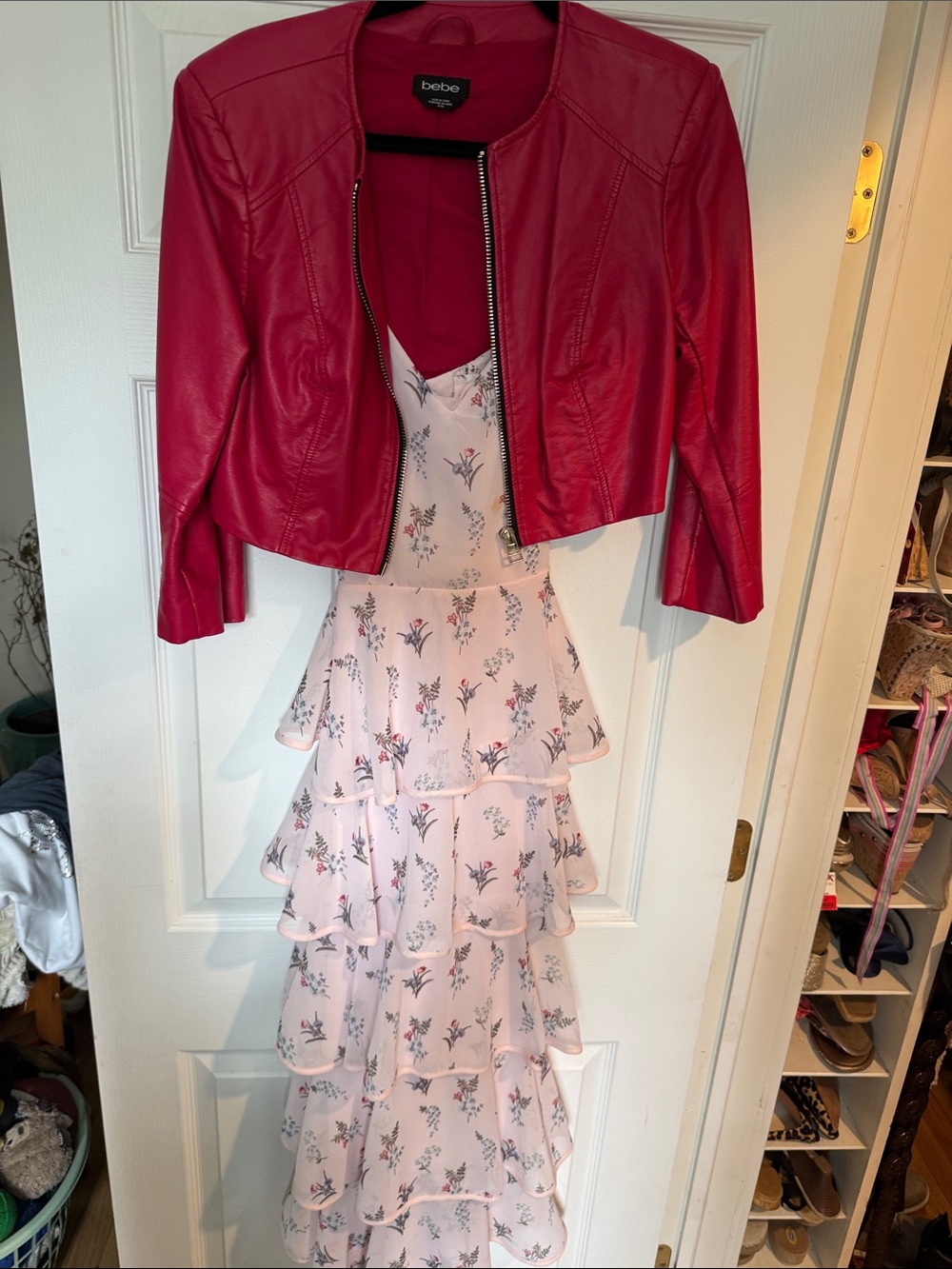 Divided Pink Floral Ruffled Wedding Dress with Red Jacket